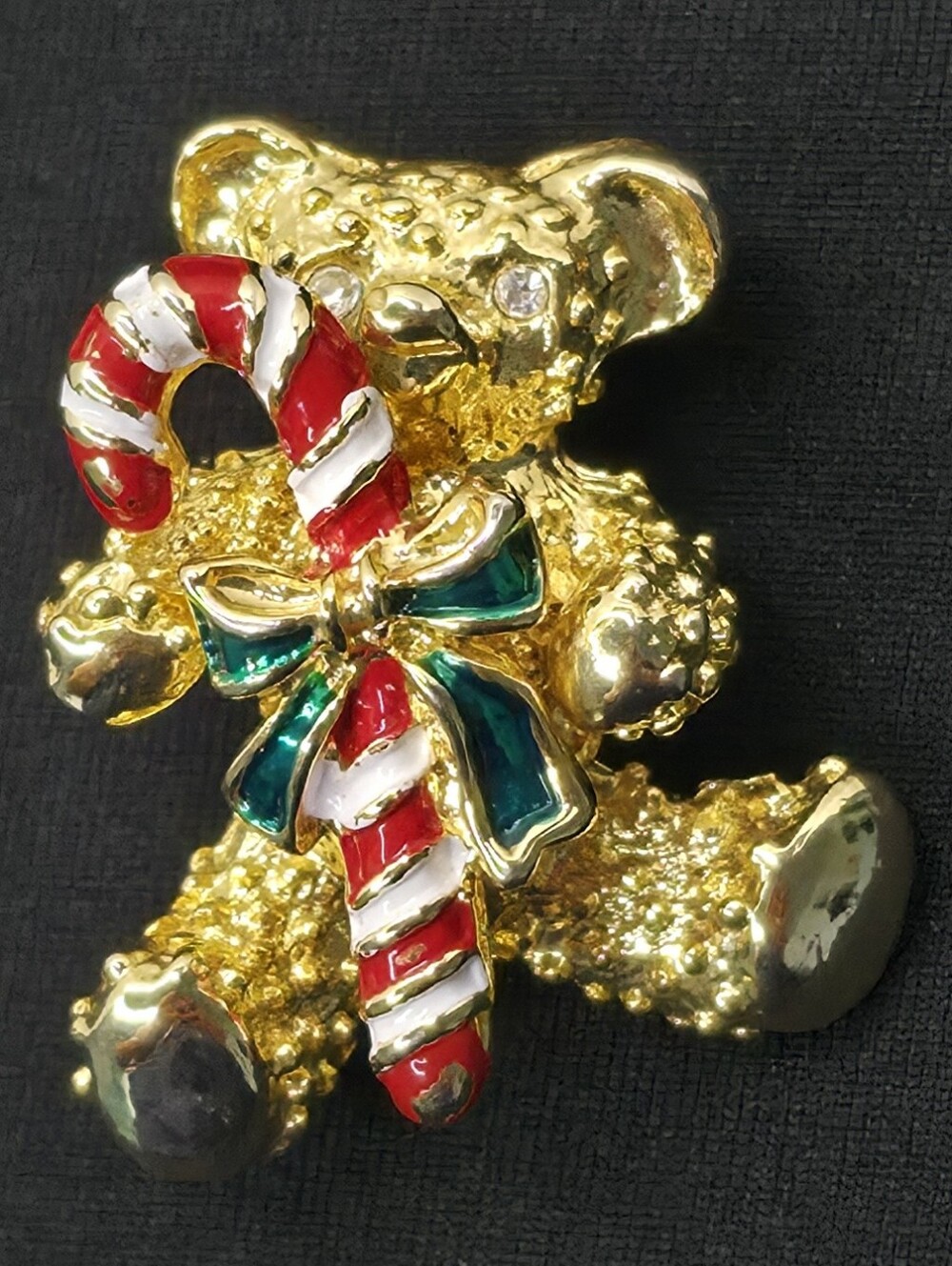 VTG Premier Designs Christmas Teddy Bear Brooch Pin Candy Cane Rhinestone Eyes